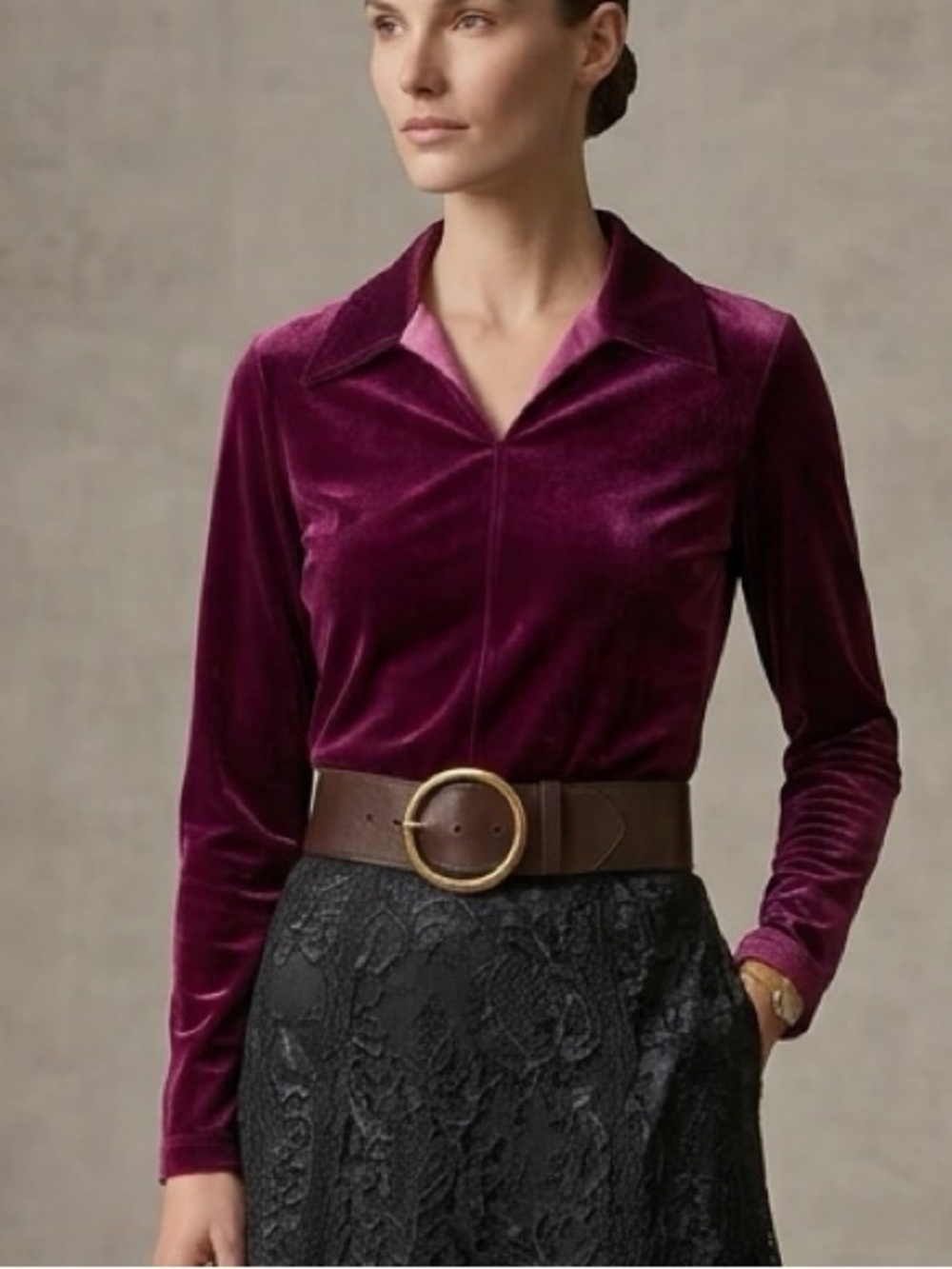 A/X Armani Exchange Velvet Long-Sleeve Collared Vneck Top in a Rich Plum